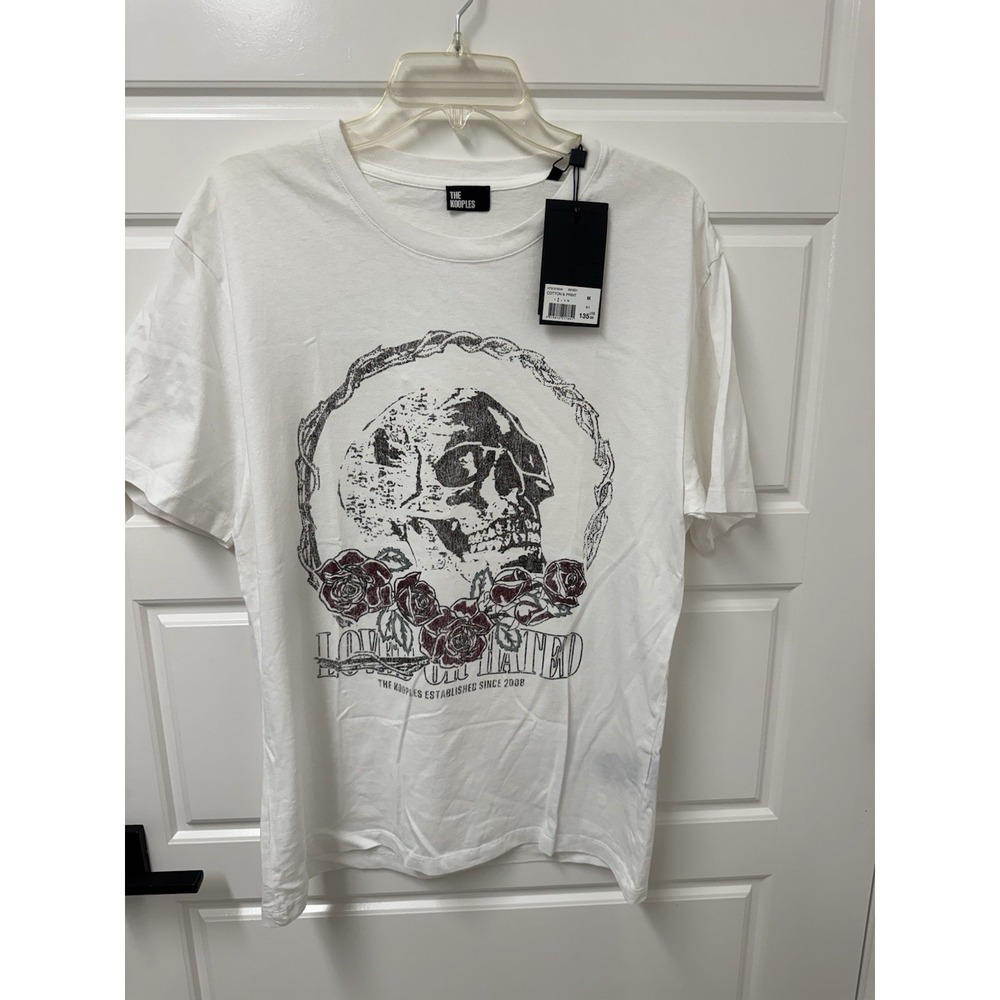 The Kooples Mens White Skull Roses Graphic Tee Love Hated HTSC27000K Medium NWT
